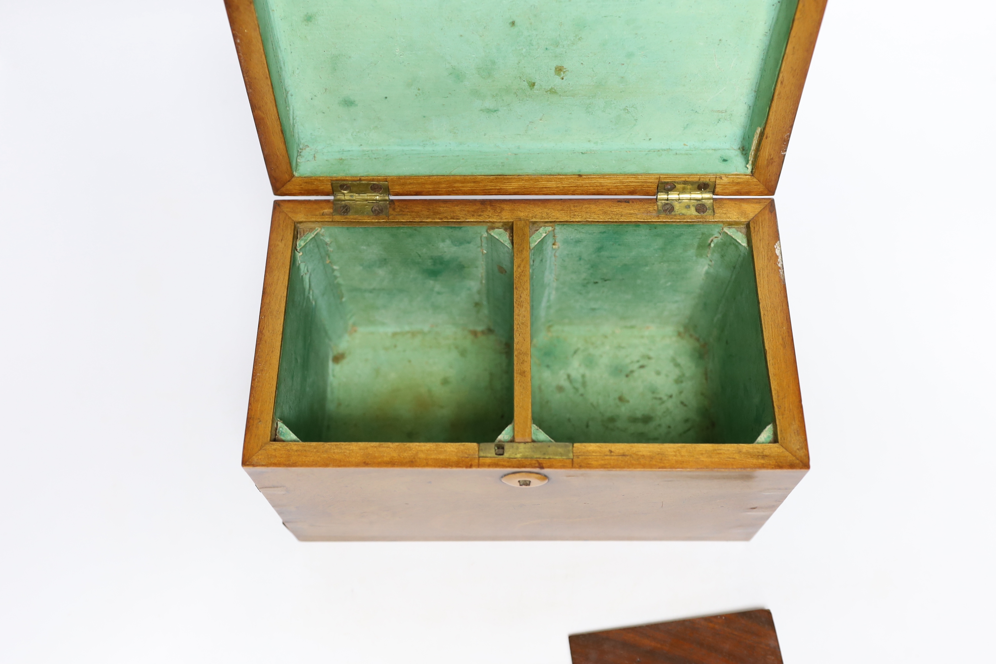 A small 19th century mahogany and fruitwood tea caddy, bone handles to interior, 23cm wide